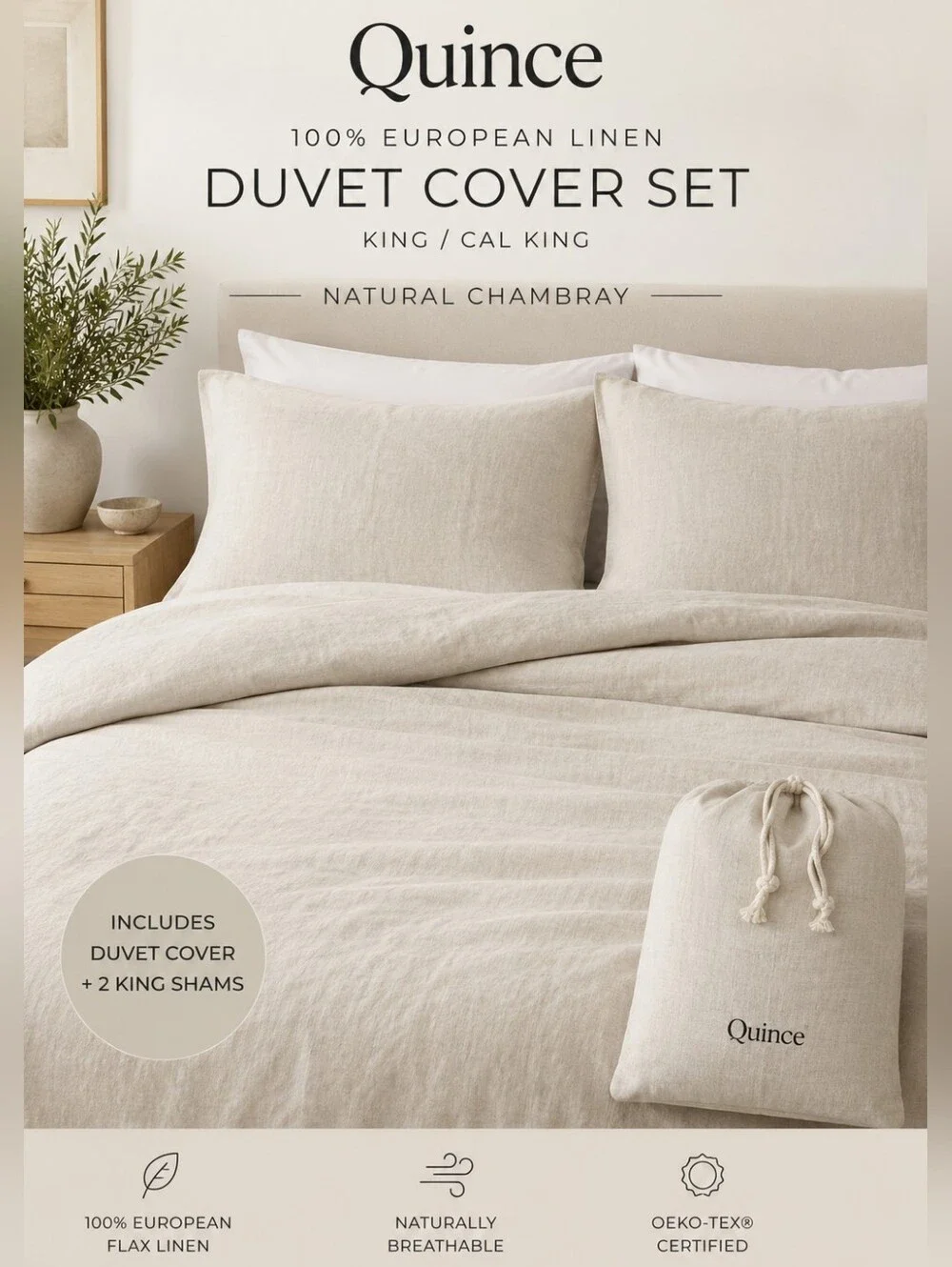 Quince 100% European Linen Duvet Cover Set King/Cal King Natural Chambray NWOT
